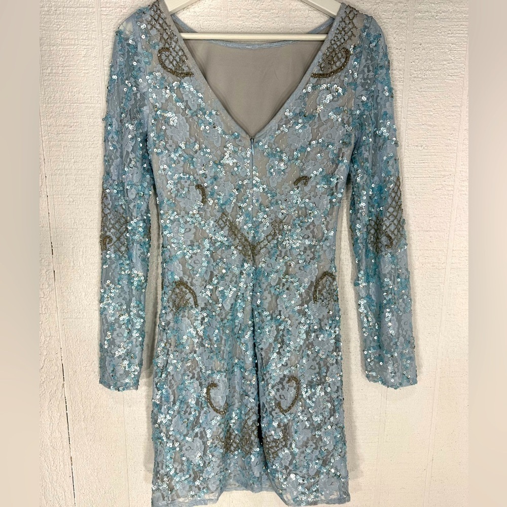 Aidan Mattox Pale Blue Embellished Long-Sleeve Mini Dress - Picture 7 of 15
